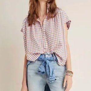 Anthropologie Pilcro The Serena Surf Henley Blouse in White, Blue, & Orange - XS